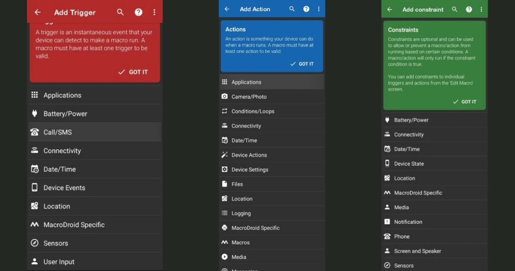 Macrodroid triggers, actions, and constraints