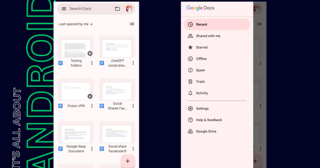 Google Docs home page and sidebar